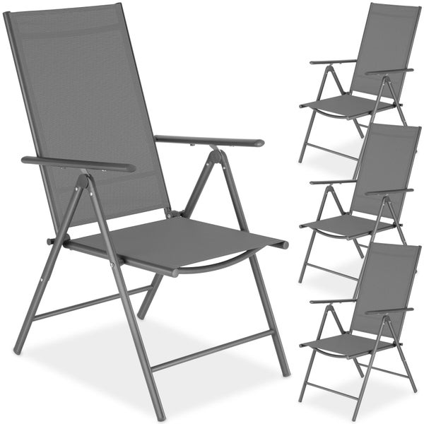 Set von 4 Gartenklappstühlen mit hoher Rückenlehne und Armlehnen aus Metall und Textilgewebe.