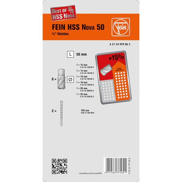 FEIN HSS Nova 50 Kernbohrer Set, 3/4 Zoll Weldon Aufnahme