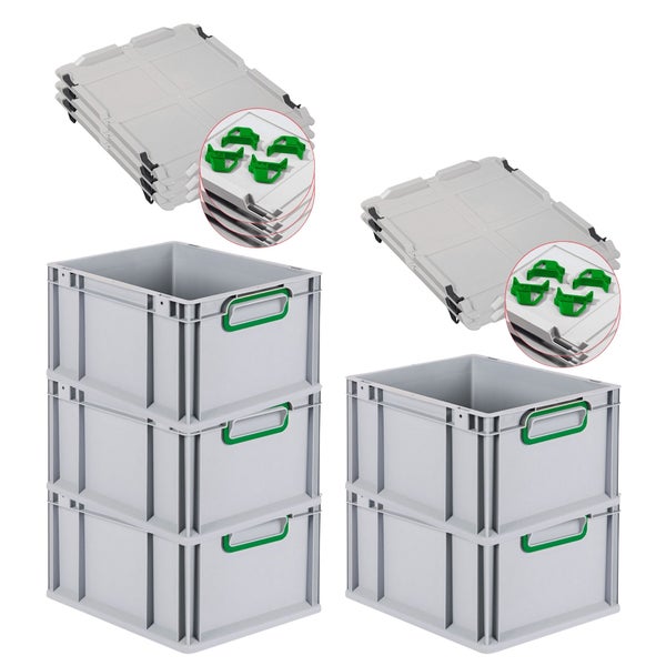 PROREGAL Spar Set 5x Eurobox Nextgen Color Mit Auflagedeckel & Schiebeschnappverschlüsse HxBxT 22 x 30 x 40 cm Griffe Grün Geschlossen Glatter Boden