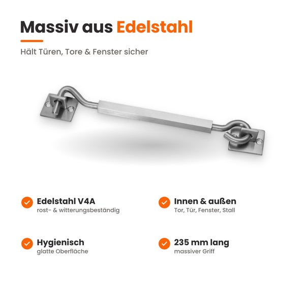 Massiver Torriegel aus Edelstahl V4A, 235 Millimeter lang, für Türen, Tore und Fenster im Innen- und Außenbereich.