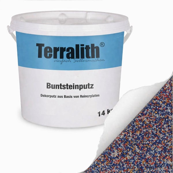 Terralith Buntsteinputz im 14 Kilogramm Eimer mit einer Detailansicht der Steinstruktur.