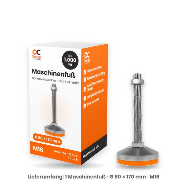 Maschinenfuß mit Gewinde M16, Durchmesser 80 Millimeter und Länge 170 Millimeter aus verzinktem Stahl inklusive Verpackung