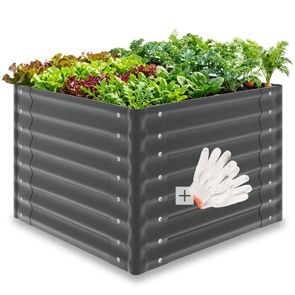 Hochbeet aus Metall mit Salat, Gemüse und Gartenhandschuhen