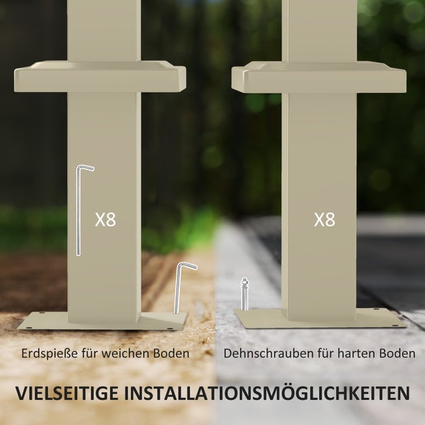 Vielseitige Installationsmöglichkeiten für Zaunpfosten mit Erdspießen für weichen Boden und Dehnschrauben für harten Boden.