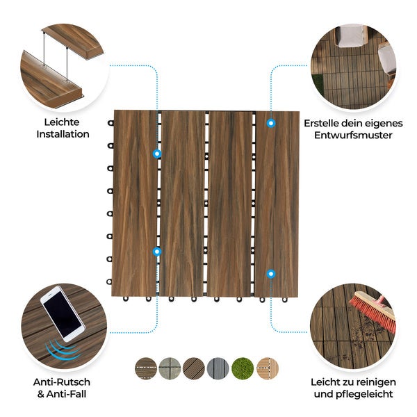 FLOORDIREKT WPC-Klickfliese Classic - Wetterbeständige Terrassenfliese - Mix Teak 30 x 30 cm