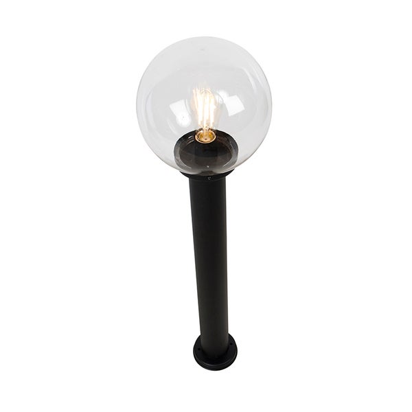 Schwarze Außenleuchte als Sockelleuchte mit klarem Kugelschirm und leuchtender Filamentlampe.