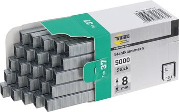 Triuso Stahlklammern Typ 37, 5000 Stück, 8 Millimeter Länge, 10,6 Millimeter Rückenbreite.