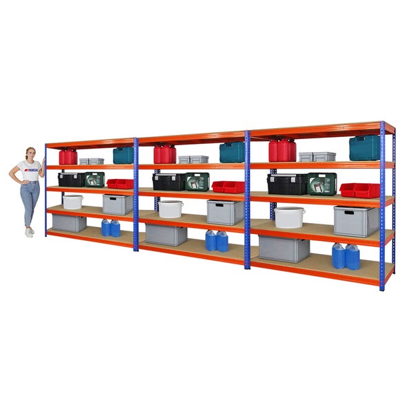 PROREGAL Mega Deal 3x Profi Schwerlastregal Bison HxBxT 200 x 200 x 60 cm 5 Fachböden Fachlast 600 kg Blau-Orange