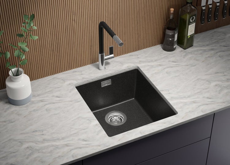 PRIMAGRAN Unterbauspüle Granit Anthrazit 41x47cm, Spülbecken 1 Becken + Ablauf-Set, Granitspüle ab 45er Unterschrank - London