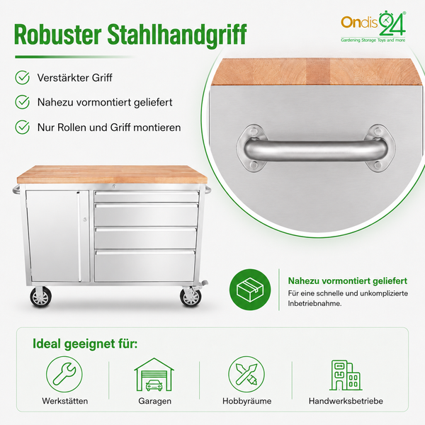 Mobiler Werkstattwagen mit Holz-Arbeitsplatte, Edelstahlschubladen und Stahlhandgriff. Geeignet für Werkstätten, Garagen und Hobbyräume.