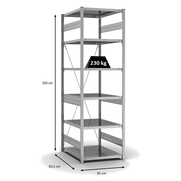 PROREGAL Fachbodenregal Stecksystem T-Profil Medium-Duty Grundregal HxBxT 250 x 75 x 80 cm 6 Ebenen Fachlast 230 kg Einseitig Nutzbar Verzinkt