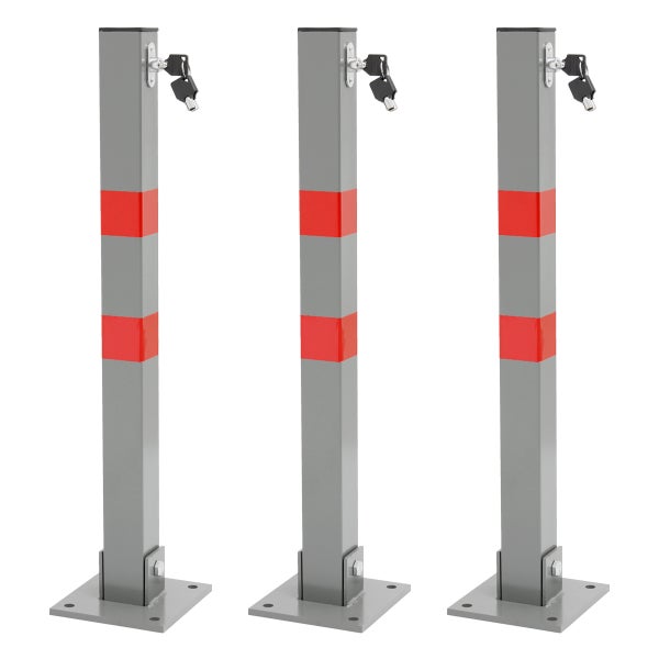 ECD Germany 3x Parkplatzsperre klappbar, eckig, 70cm, Parkpfosten aus Stahl mit roten Warnstreifen, Schloss und 3 Schlüssel, Absperrpfosten Sperrpfosten Parkplatz-Barriere Park Pfosten Poller Standfuß