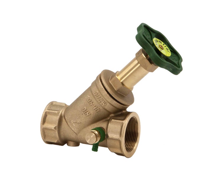 Schrägsitzventil aus Messing mit Entleerung und grünem Handrad.