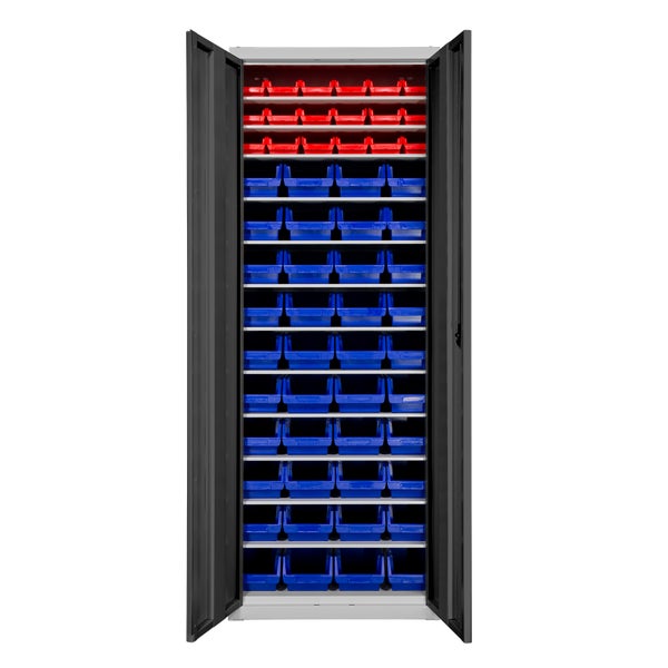 PROREGAL Flügeltürenschrank Owl mit 12 Fachböden + 58 Sichtlagerkästen | HxBxT 195x71x30cm | Lichtgrau/Anthrazitgrau | Spind, Kleinteillager
