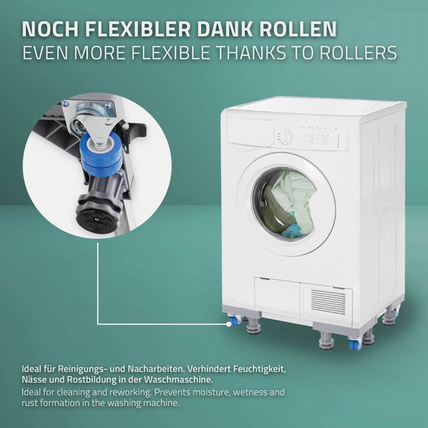 ML-Design Waschmaschinen Untergestell beweglich, Waschmaschinensockel mit 8 Füßen & 4 Räder, verstellbare Sockel Breite 43-66cm, Höhe 10-13cm, Waschmaschine Podest rutschfest für Kühlschrank&Trockner