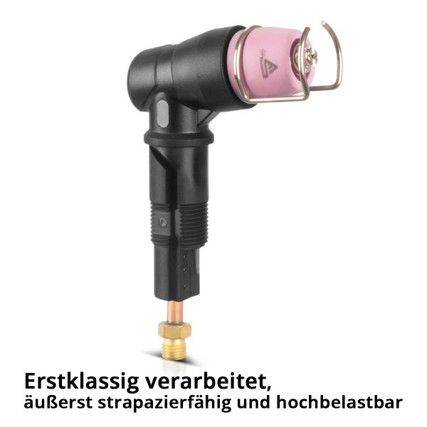 Explosionsdarstellung eines Plasmabrennerkopfes mit Elektrode, Düse und pinker Keramikschutzkappe.