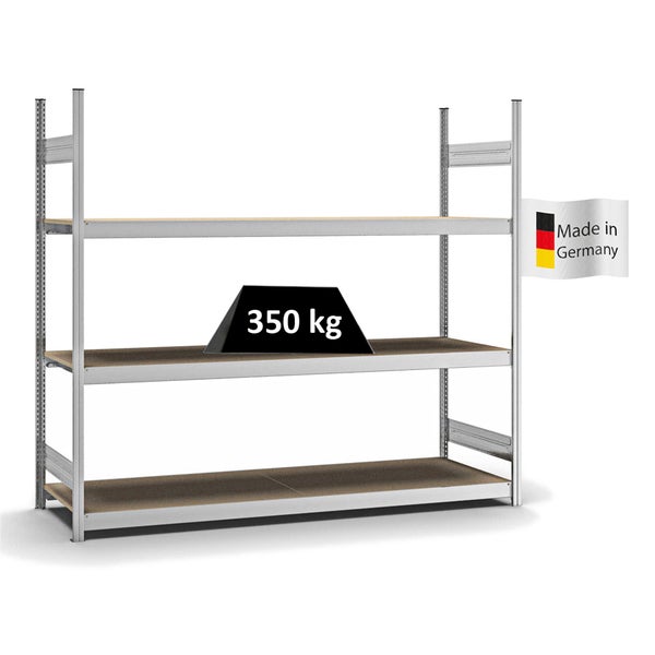 PROREGAL Weitspannregal Stecksystem T-Profil Grundregal HxBxT 200x225x60 cm 3 Ebenen Spanplatten Fachboden Fachlast 350 kg Verzinkt