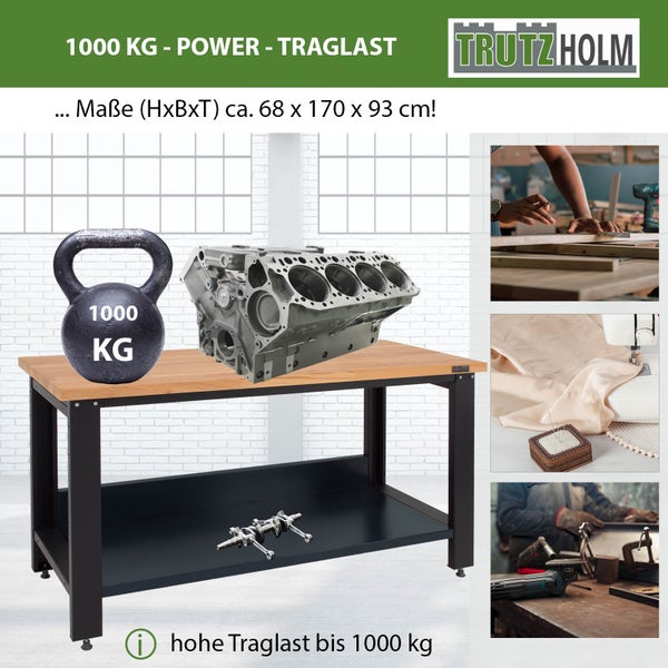 Werkbank von Trutzholm mit 1000 Kilogramm Traglast und Holzplatte inklusive Maßangaben.