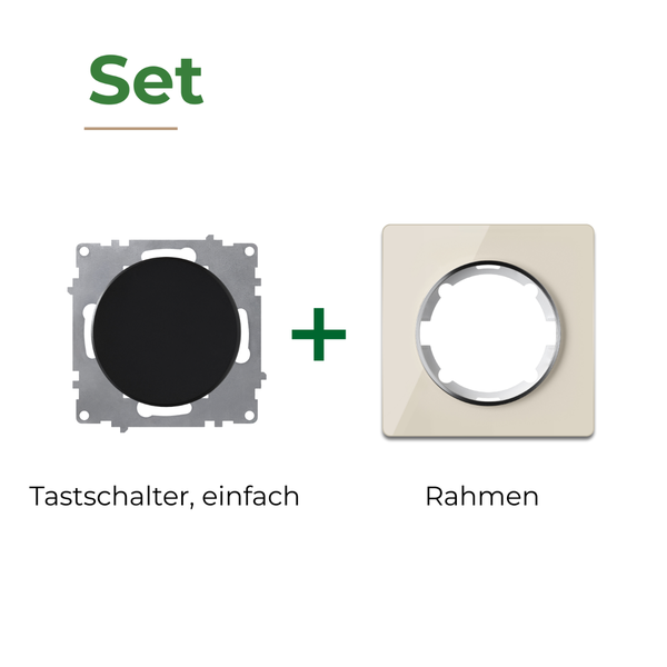 Set bestehend aus einem einfachen Tastschalter und einem passenden Abdeckrahmen für die Unterputzmontage