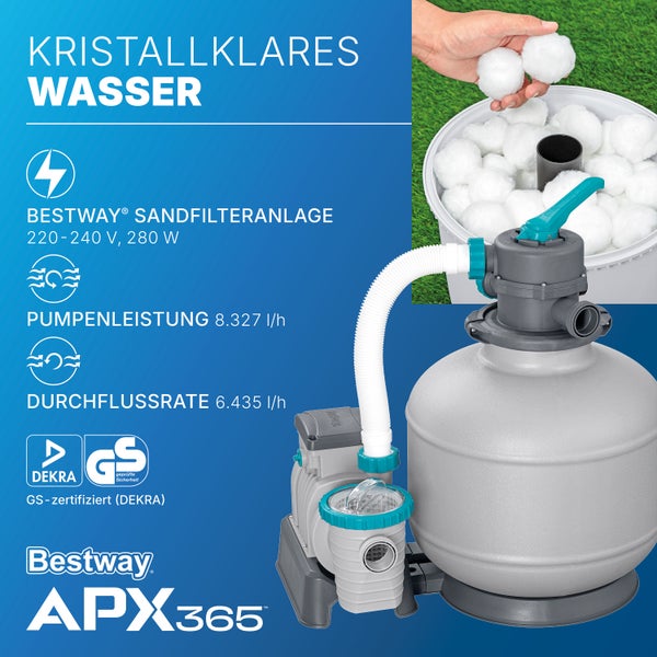 Bestway Sandfilteranlage APX365 mit Polysphere Filterbällen, Pumpenleistung 8327 Liter pro Stunde, GS-geprüfte Sicherheit von DEKRA, Bestway Logo.