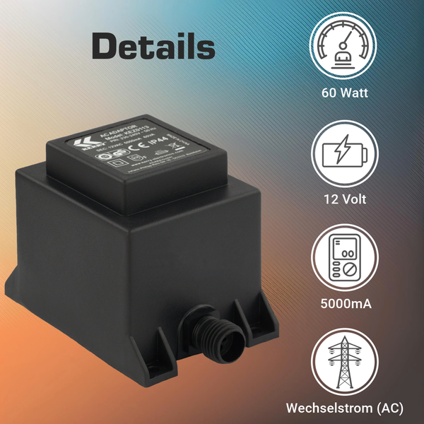 Netzadapter mit technischen Details: 60 Watt Leistung, 12 Volt Spannung, 5000 Milliampere Stromstärke und Wechselstrom.