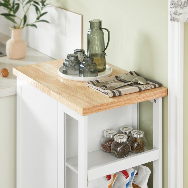 Küchenwagen mit Holzarbeitsplatte, Gläsern, Karaffe und Besteck