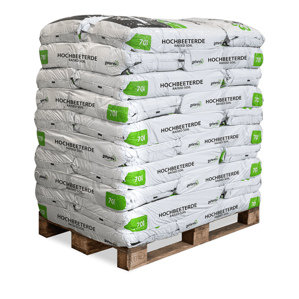 Palette mit Galamio Hochbeeterde, 70 Liter Säcke gestapelt auf einer Holzpalette.