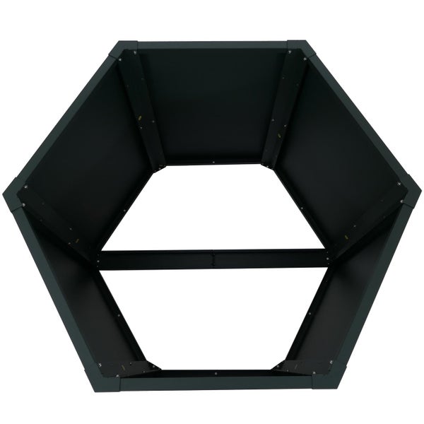 Sechseckiges Hochbeet aus Metall in Anthrazit, Ansicht von oben.