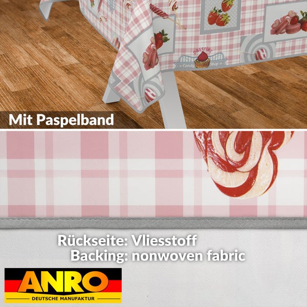 Tischdecke mit Süßigkeitenmotiven und Paspelband
