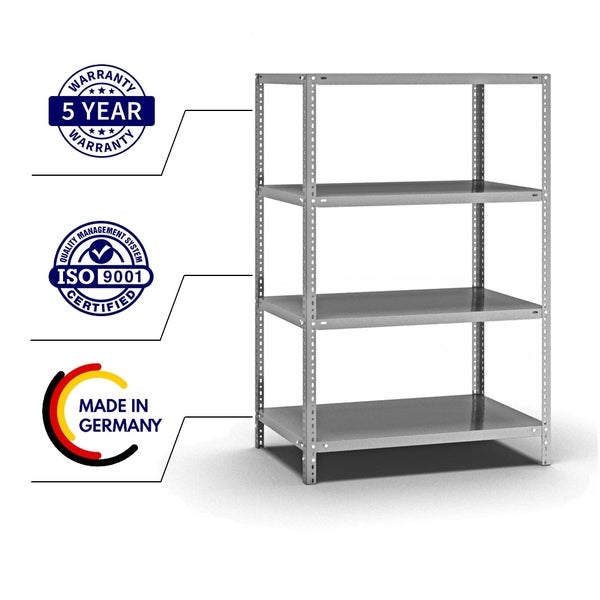 PROREGAL Fachbodenregal Schraubsystem Medium-Duty Grundregal HxBxT 150 x 100 x 60 cm 4 Ebenen Fachlast 200 kg Beidseitig Nutzbar Verzinkt