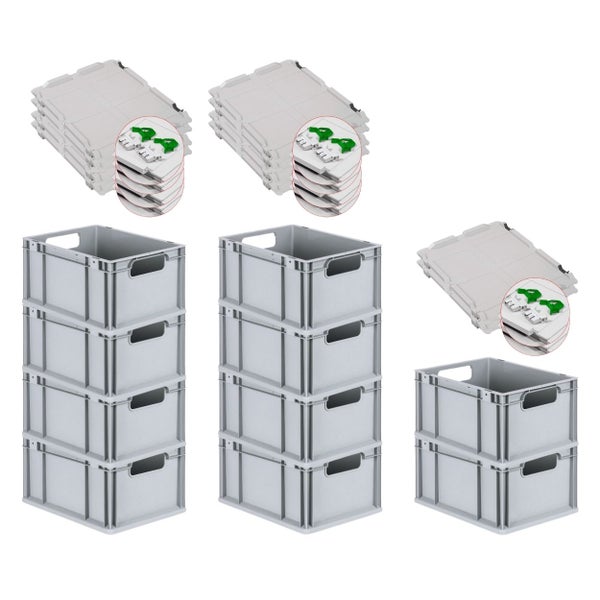 PROREGAL Spar Set 10x Eurobox Nextgen Economy Mit Scharnierdeckel & Grünen Schiebeschnappverschlüssen Griffe Offen HxBxT 22 x 30 x 40 cm 20 Liter