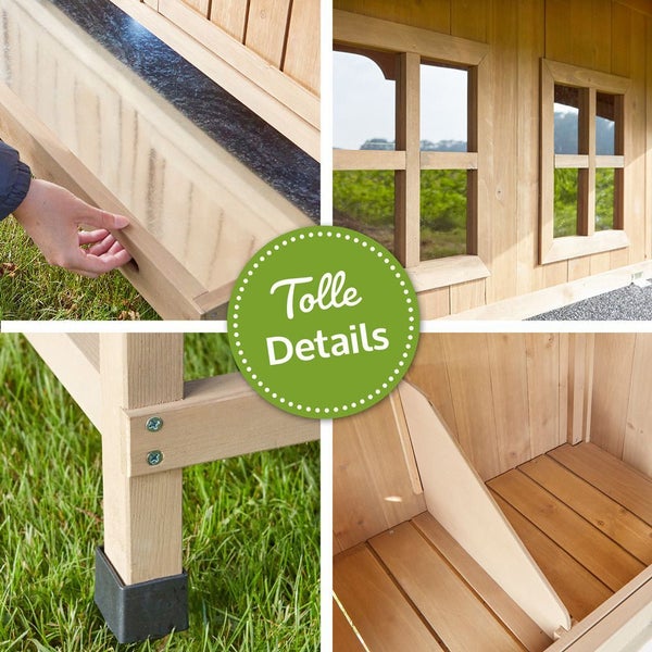 Detailansichten eines Hühnerstalls aus Holz mit tollen Details: ausziehbare Wanne, Fenster, stabile Standfüße und Innenansicht.