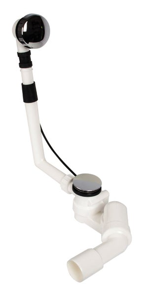 Ab- und Überlaufgarnitur für Badewannen mit verchromtem Drehgriff und Ventilstopfen.