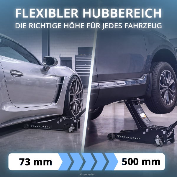 Stahlwerk Rangierwagenheber mit flexiblem Hubbereich von 73 Millimeter bis 500 Millimeter für verschiedene Fahrzeugtypen.