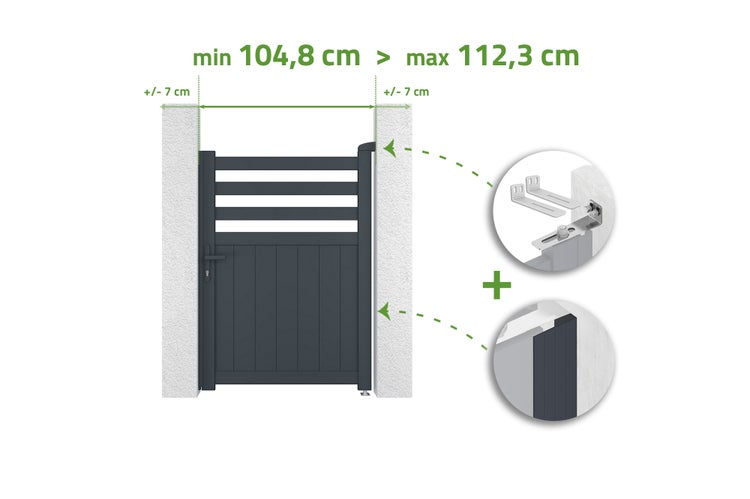 Illustration einer Gartentür mit Breitenangaben und Montagehinweisen
