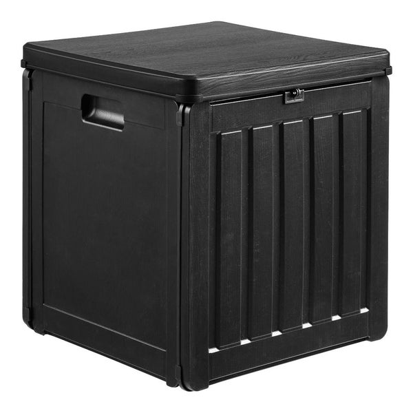 Quadratische Gartenbox aus anthrazitfarbenem Kunststoff in Holzoptik mit Deckel und seitlichen Griffen.