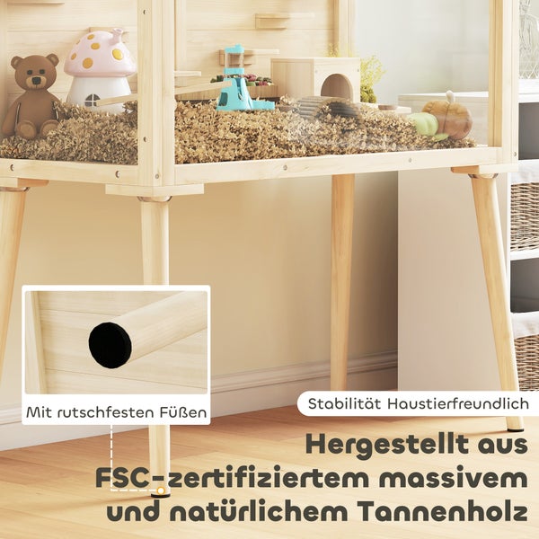 Kleintierstall aus Forest Stewardship Council zertifiziertem massivem Tannenholz mit rutschfesten Füßen und gläserner Vorderseite.