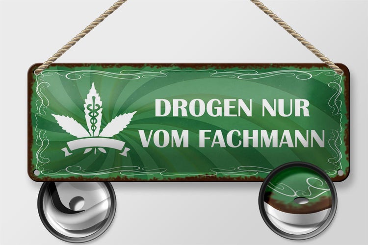 Blechschild Spruch 27x10cm Drogen nur vom Fachmann Dekoration