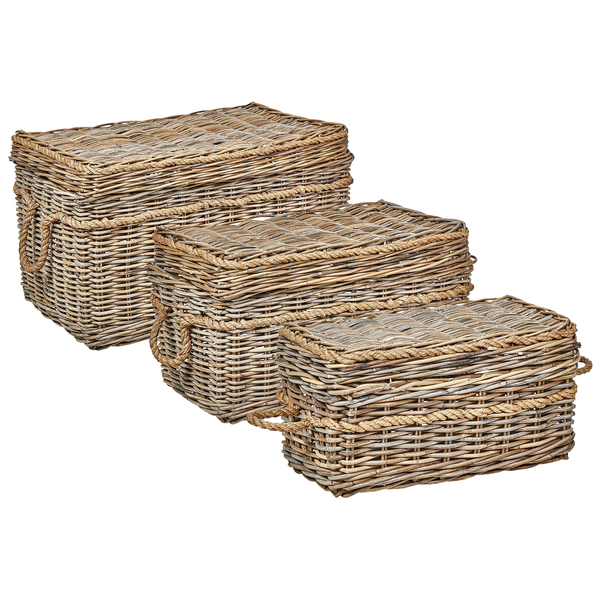 Dekorative Aufbewahrung: Set aus drei Weidenkörben mit Deckel und Seilgriffen