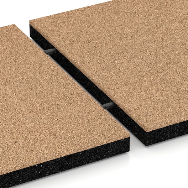 Detailansicht von zwei Kork-Bodenplatten mit schwarzer Gummischicht und schwarzen Kunststoffverbindern.