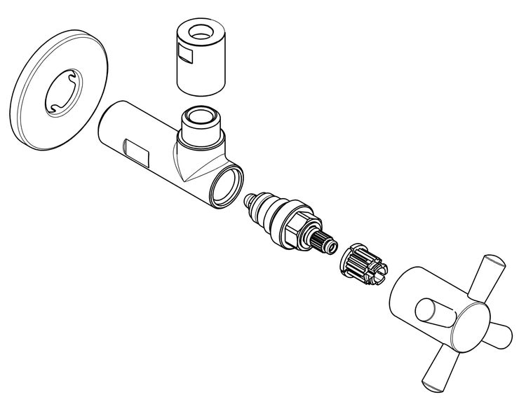 Explosionszeichnung eines Unterputzventils mit Kreuzgriff, bestehend aus Rosette, Ventilkörper, Ventiloberteil und Griff.