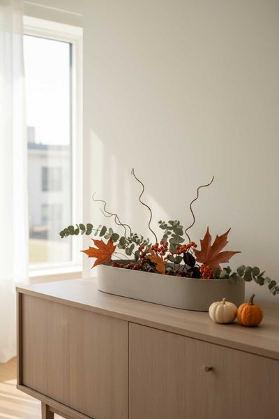 Herbstliche Dekoration in einem ovalen Pflanzgefäß mit Ahornblättern, Beeren und Eukalyptus auf einem Sideboard aus Holz.