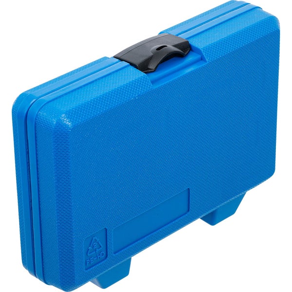 Blaue Werkzeugkiste aus Kunststoff mit schwarzem Verschluss