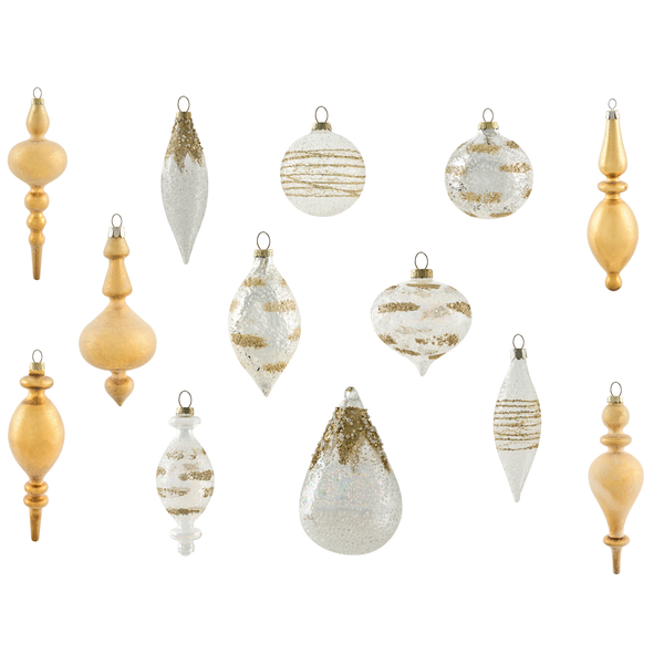 Abbildung von verschiedenen Christbaumkugeln mit Größenangaben.