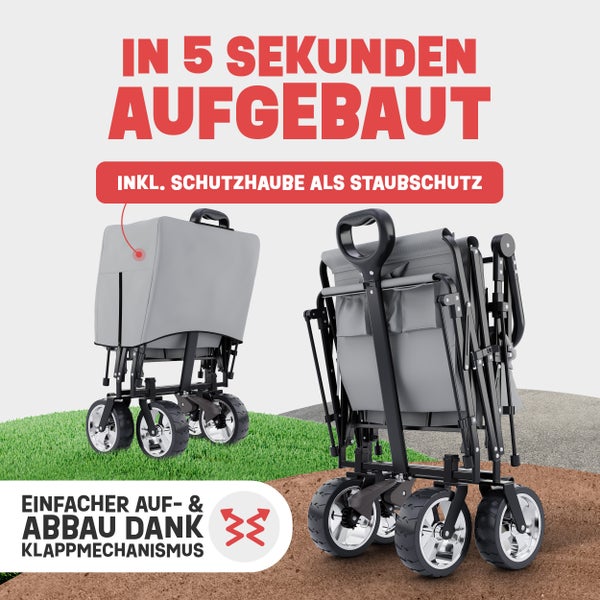 Klappbarer Bollerwagen mit grauer Schutzhaube und großen Rädern, mit einem einfachen Klappmechanismus für schnellen Auf- und Abbau.