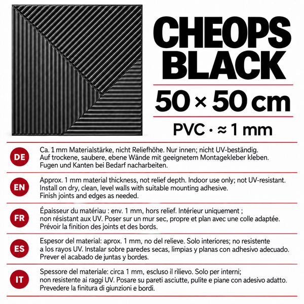 Wandpaneel Cheops Black aus PVC mit 50 mal 50 Zentimeter und circa 1 Millimeter Materialstärke für den Innenbereich.
