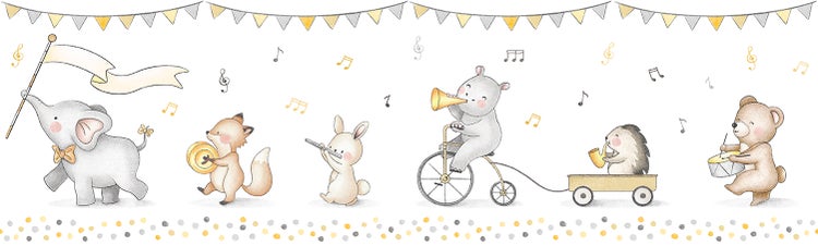 Illustration von Tieren mit Musikinstrumenten unter einer Girlande
