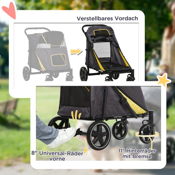 PawHut Hundewagen, Hundebuggy mit Kissen, faltbarer Hundetrolley, Katzenbuggy für große und mittelgroße Hunde, Hundetrolley mit Netzfenster, Sicherheitsleinen, Tasche, Oxfordstoff, Dunkelgrau