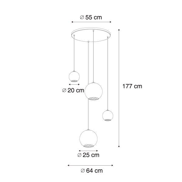 Skizze einer Pendelleuchte mit fünf Kugeln unterschiedlicher Größe und den Maßen 55 cm, 20 cm, 25 cm, 64 cm und 177 cm
