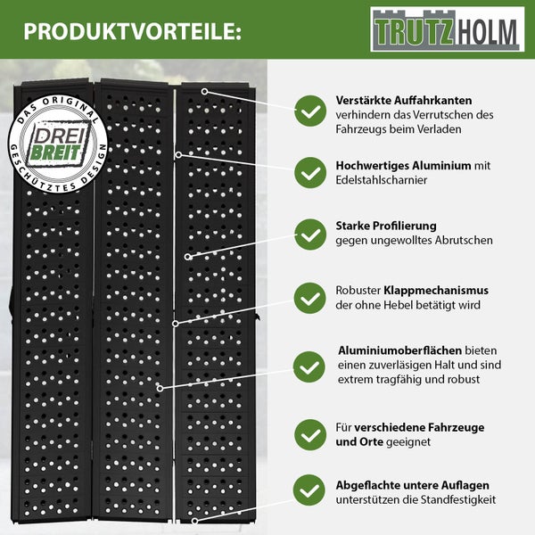 Infografik der Trutzholm Verladerampe aus Aluminium mit Erläuterungen zu Material, Stabilität, Profilierung und Klappmechanismus.